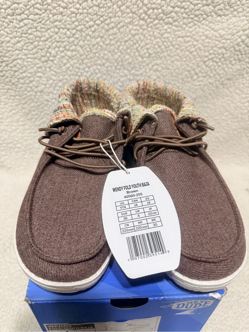 Hey Dude Wendy Fold Youth Shoes - Brown Upper with Multicolor Knit Cuff
